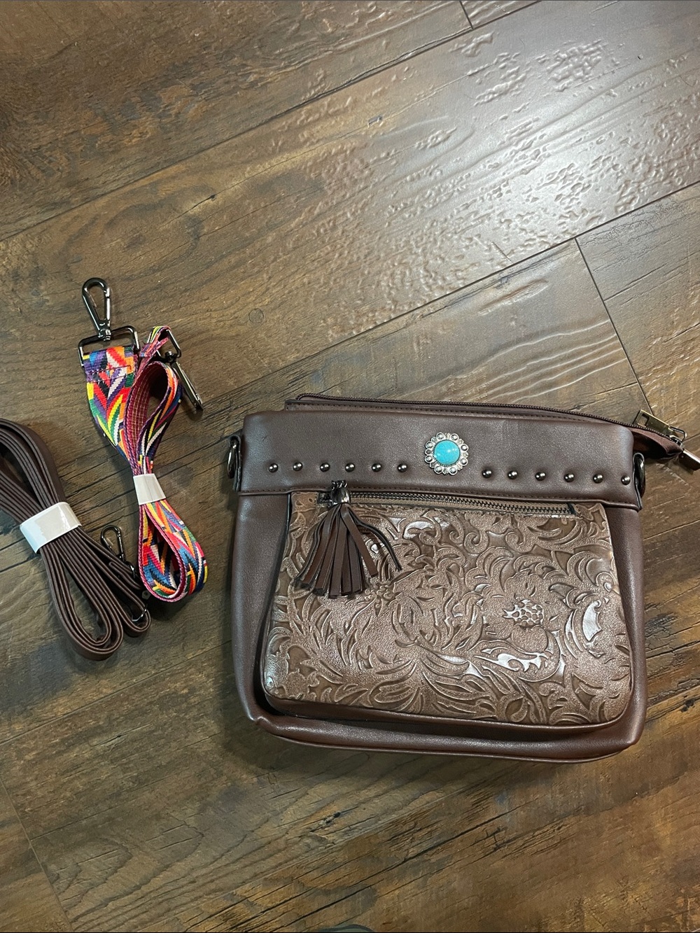 Brown Tooled Leather Crossbody Bag with Turquoise Accent